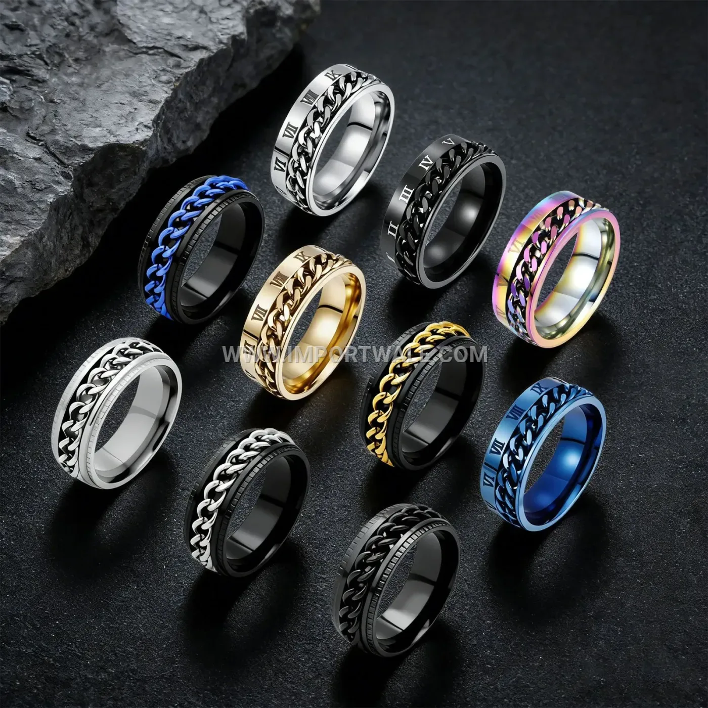 Rotatable Chain Stainless Steel Roman Numeral Ring Set