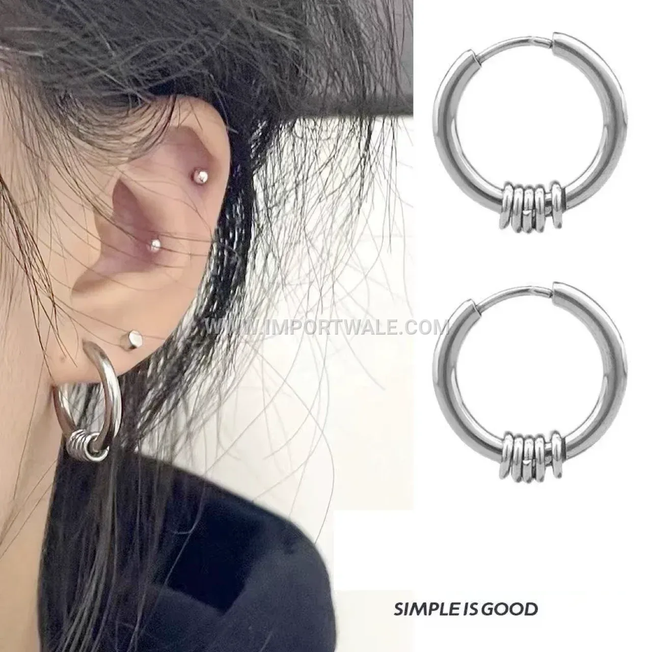 Stainless Steel Hoop Earrings with Water Drop Beaded Rings