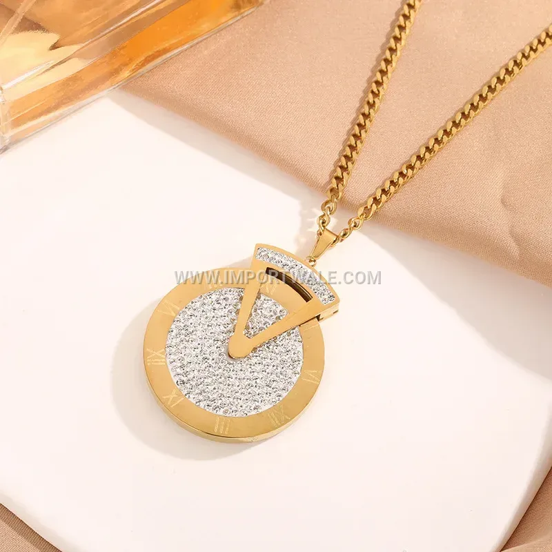 Rotatable Rhinestone Disc Pendant Long Chain Necklace