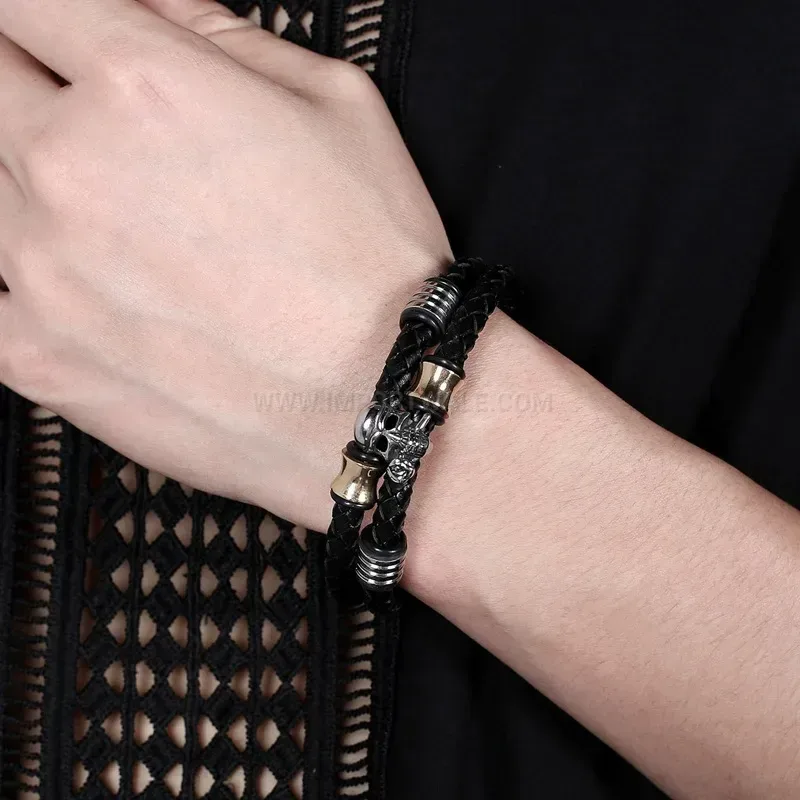 Classic Double Wrap Leather Rose Skull Bracelet in Stainless Steel