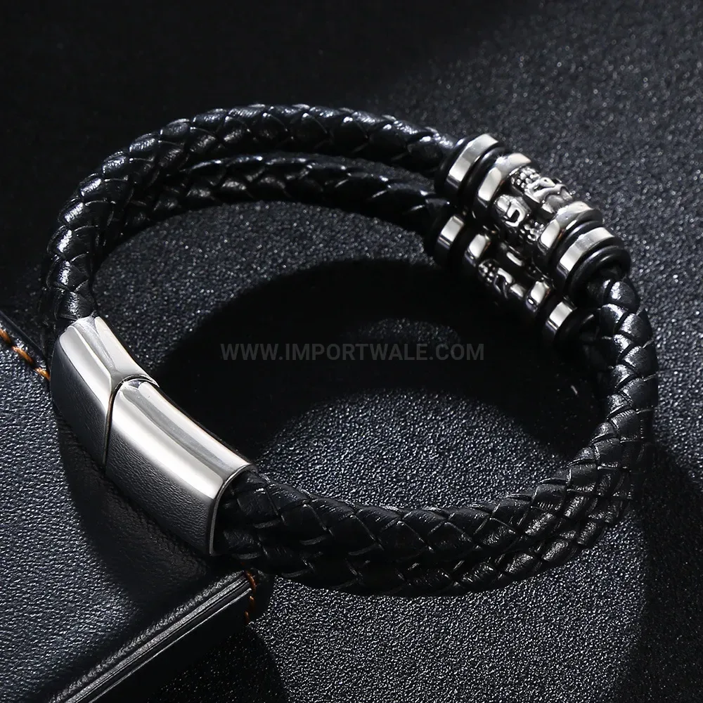 Punk Skull Multi Layer Braided Leather Stainless Steel Bracelet