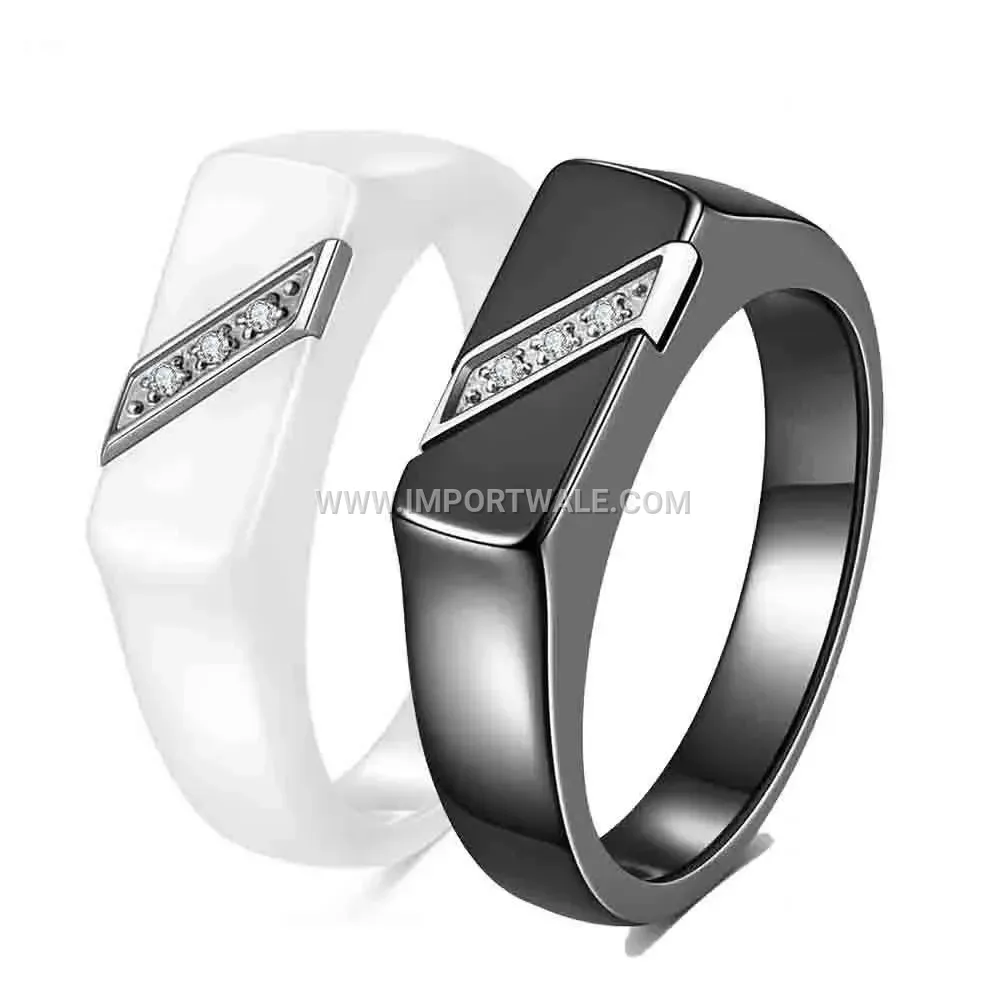 Beveled Edge Cubic Zirconia Accent Ceramic Couple Ring