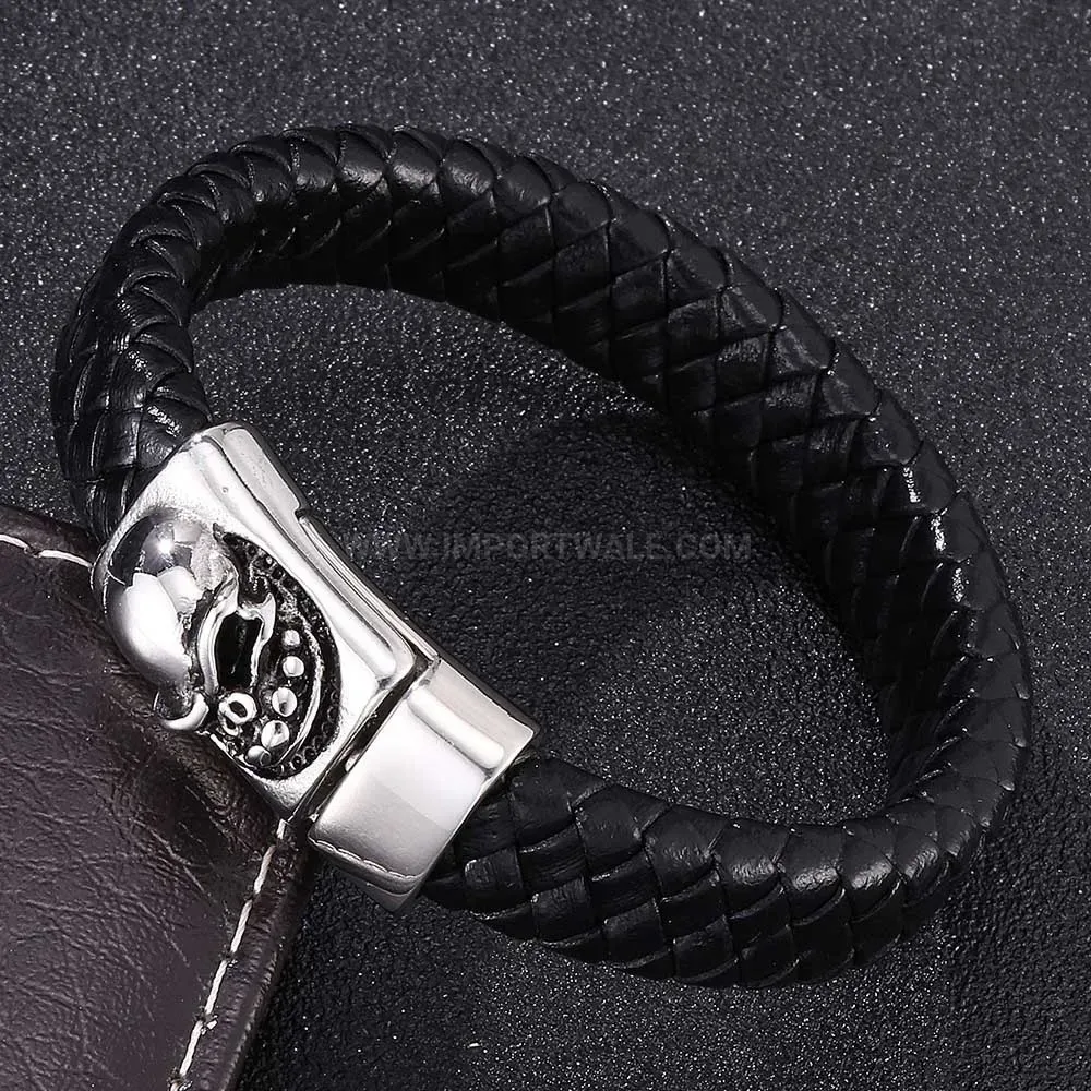 Chic Vintage Skull Stainless Steel Charm Braided Leather Men's Bracelet
