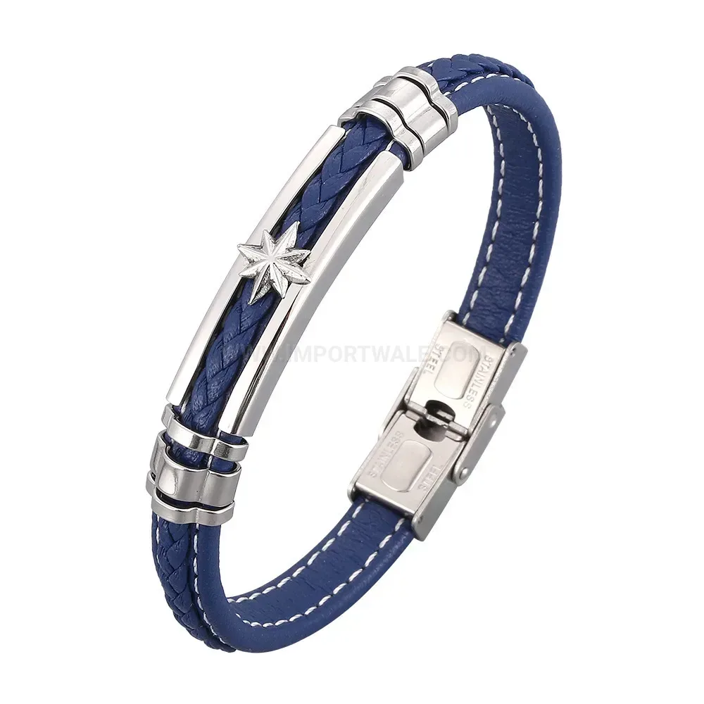 Woven Blue Leather Stainless Steel Star Bracelet for Men