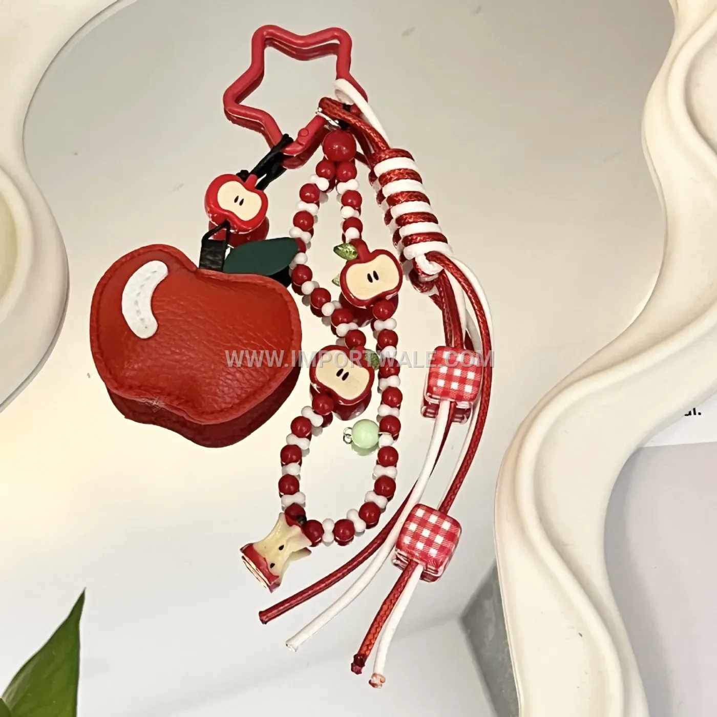 Beaded Apple Faux Leather Bag Charm