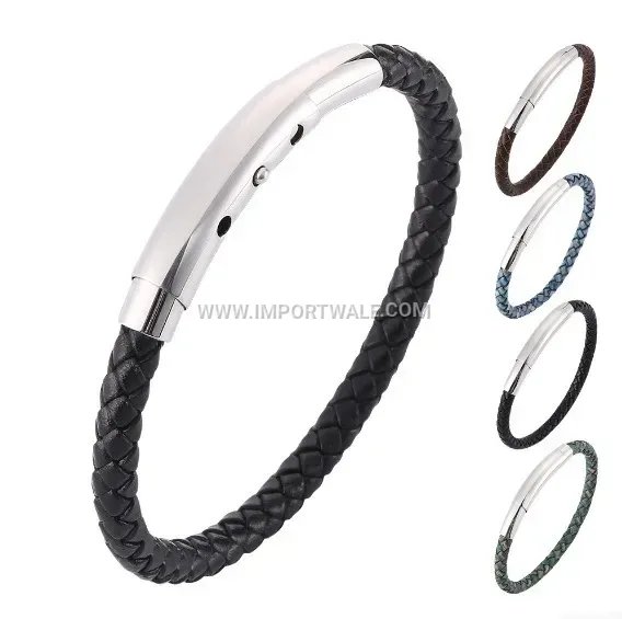 Adjustable Woven Leather Bracelet with Stainless Steel Accent Clasp