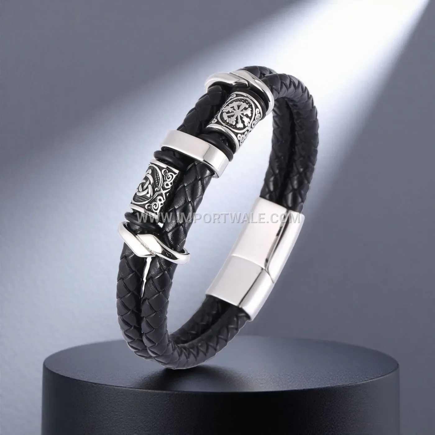 Handcrafted Beaded Leather Bracelet with Stainless Steel Accents