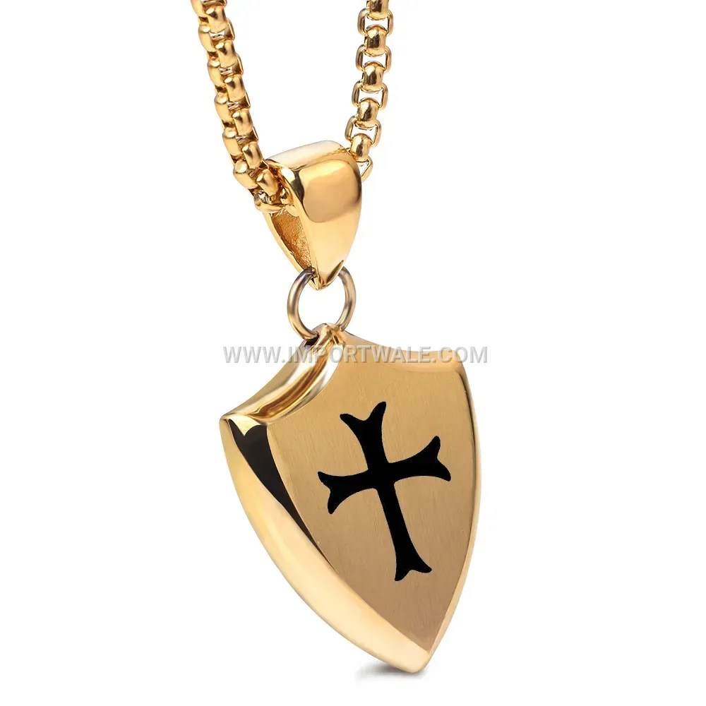 Engraved Shield Cross Stainless Steel Pendant Necklace