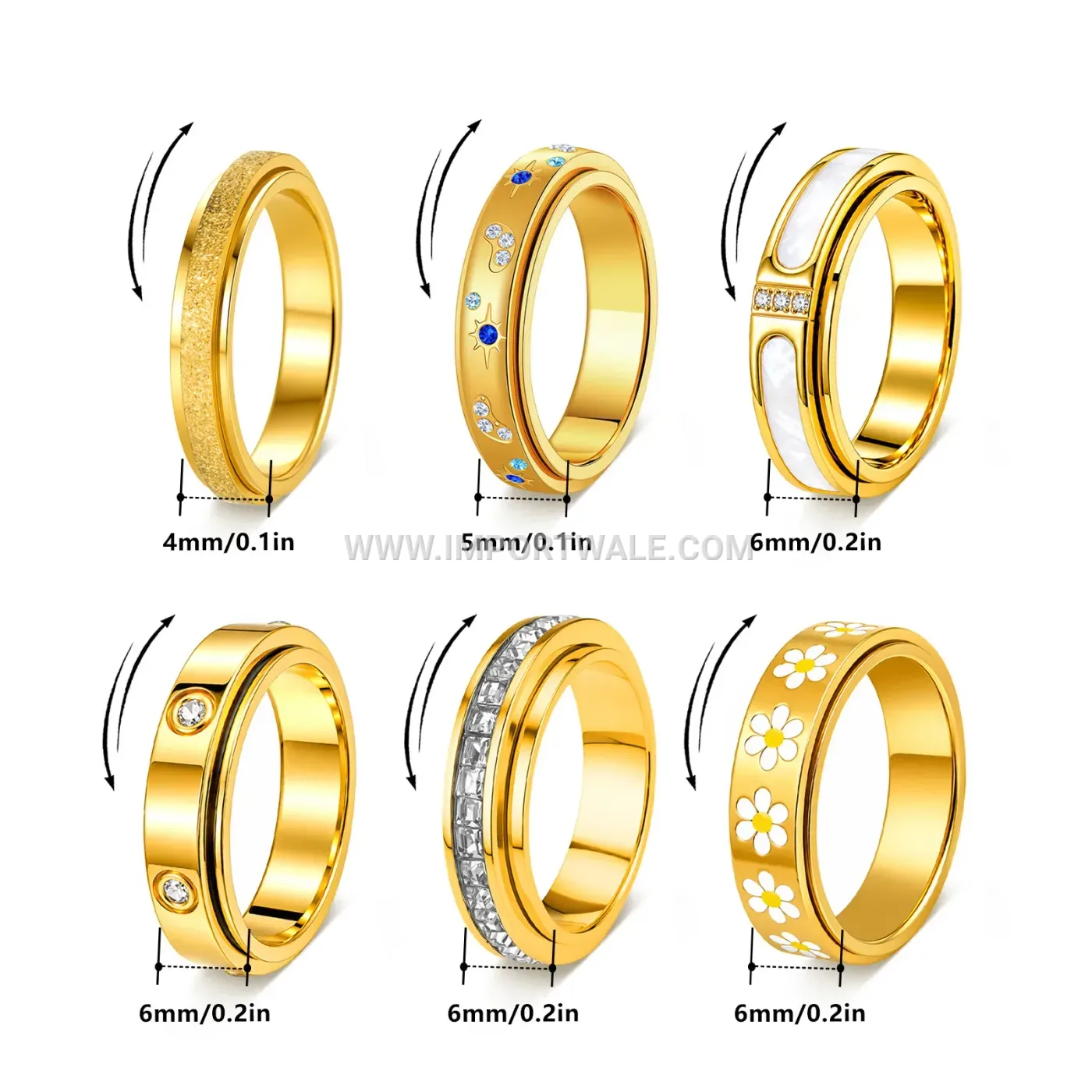 Spinning Floral Rhinestone Stainless Steel Stress Relief Band Ring