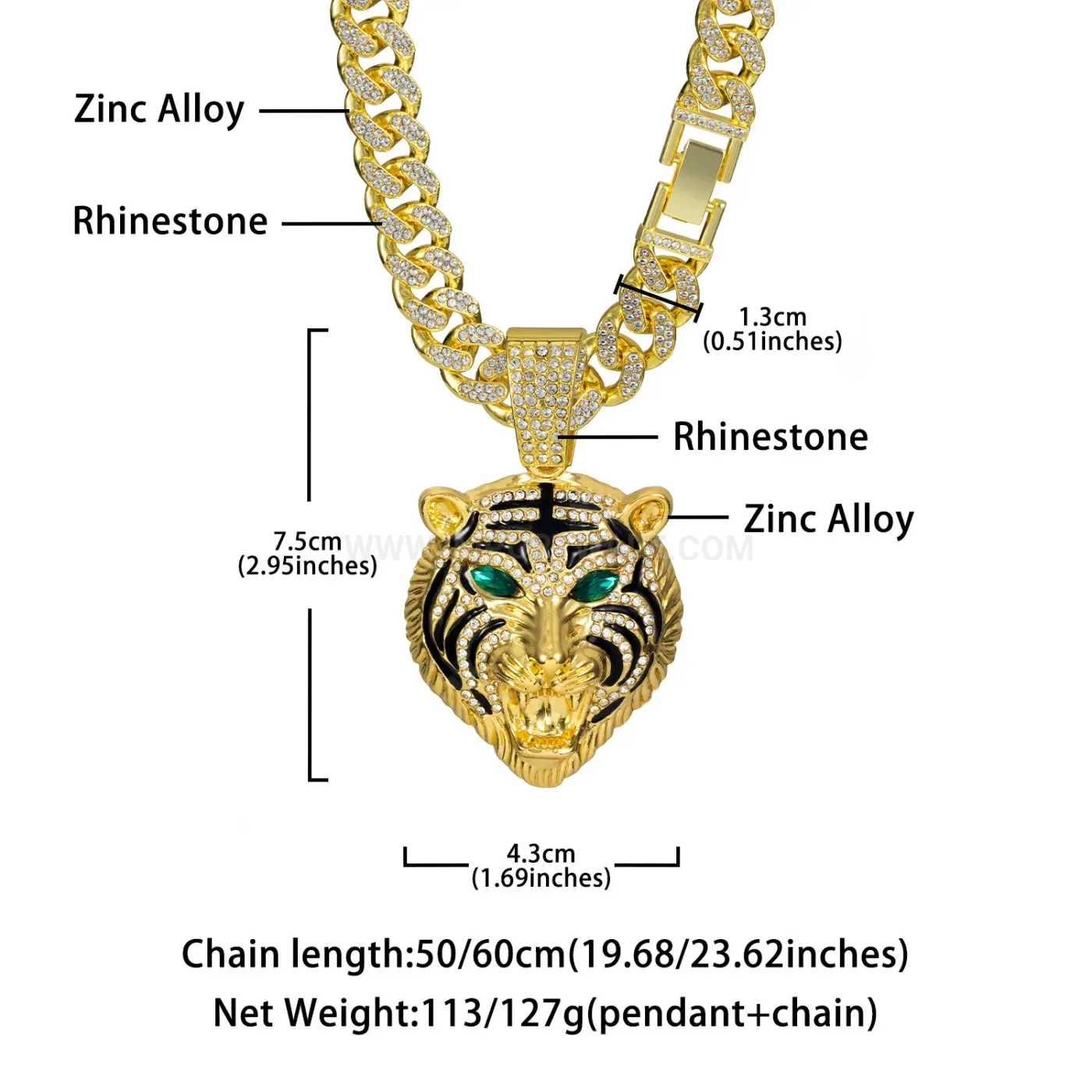 Green Eyes Tiger Head Iced Out Alloy Pendant Necklace