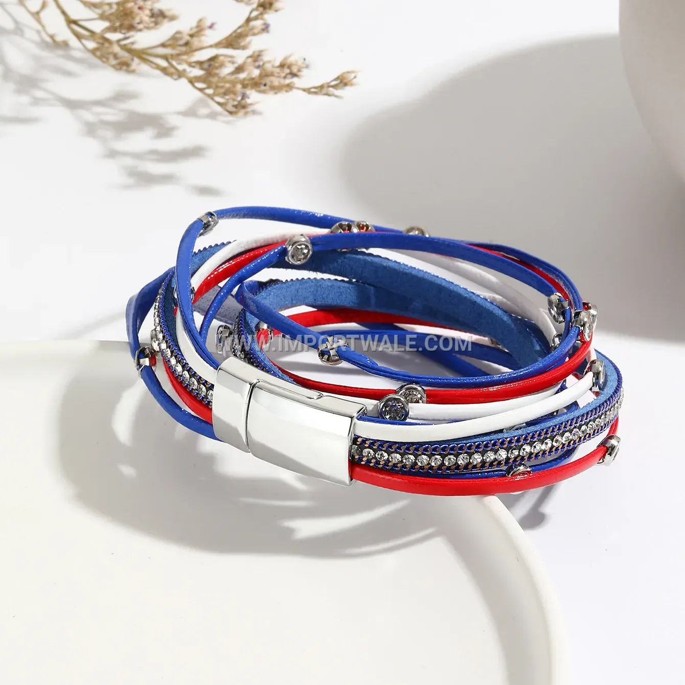 Woven Tricolor Leather Multi-Strand Bracelet with Magnetic Clasp