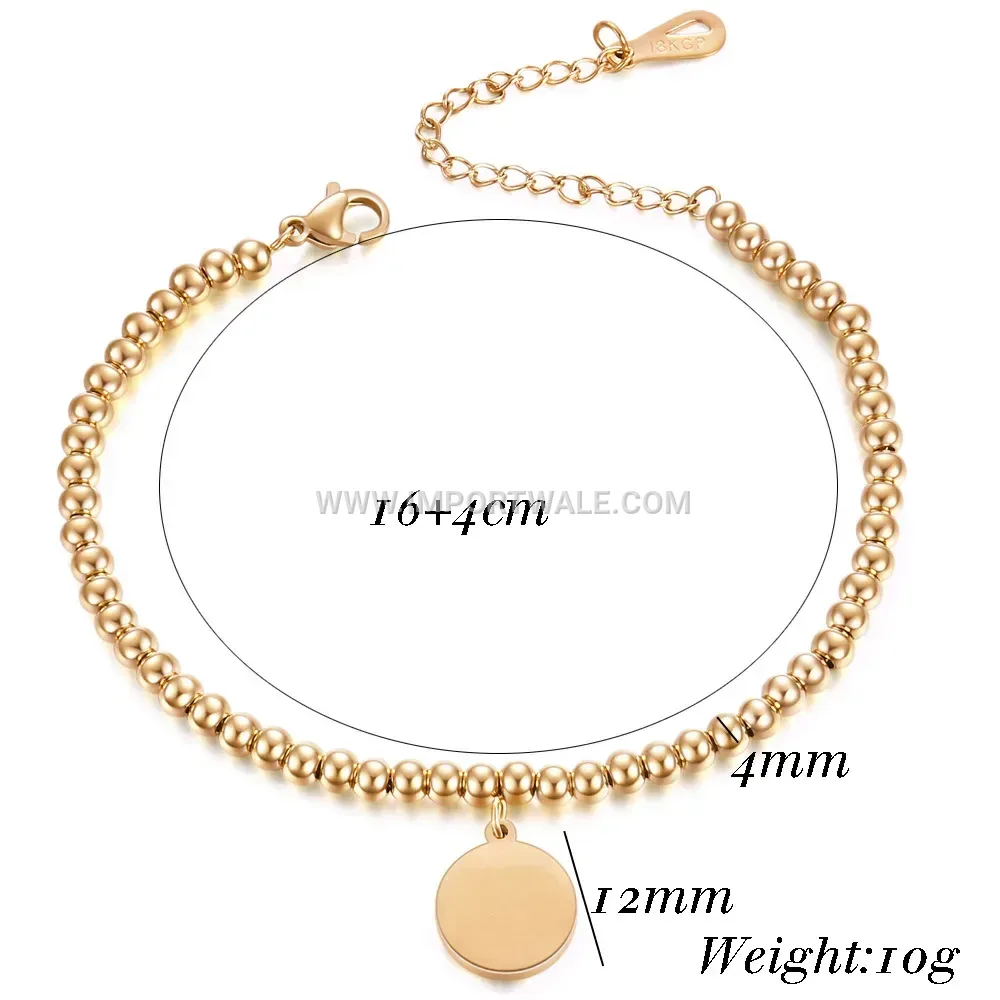 Stainless Steel Beaded Chain Bracelet with Disc Charm Tag
