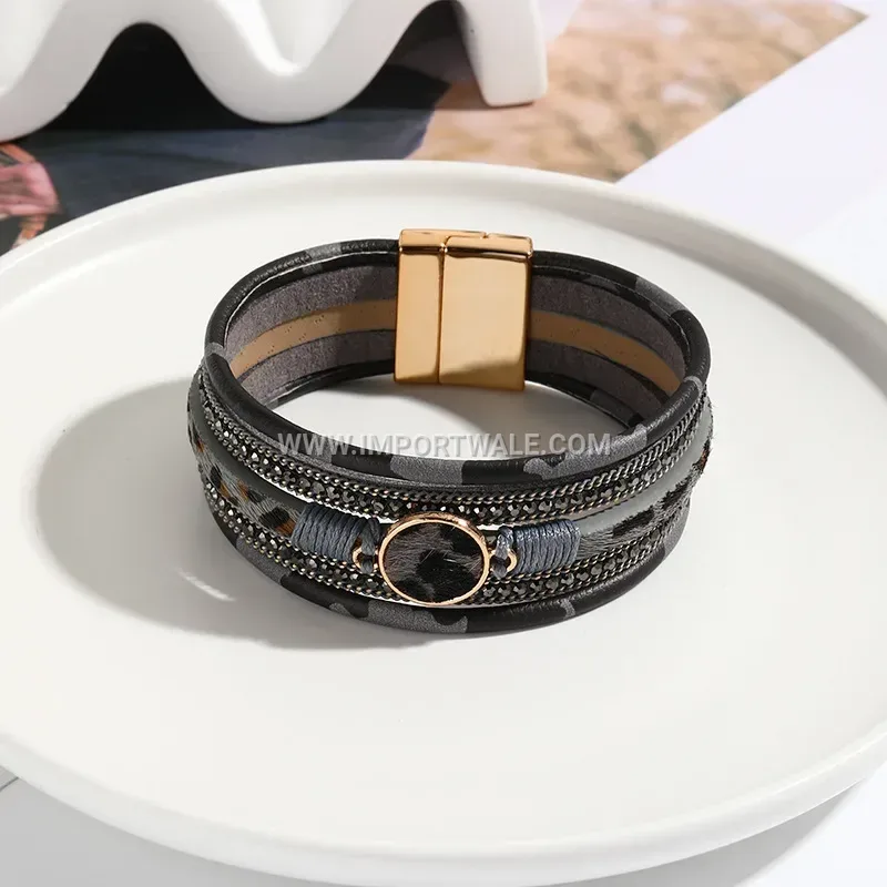 Leopard Print Faux Fur Leather Magnetic Clasp Bangle