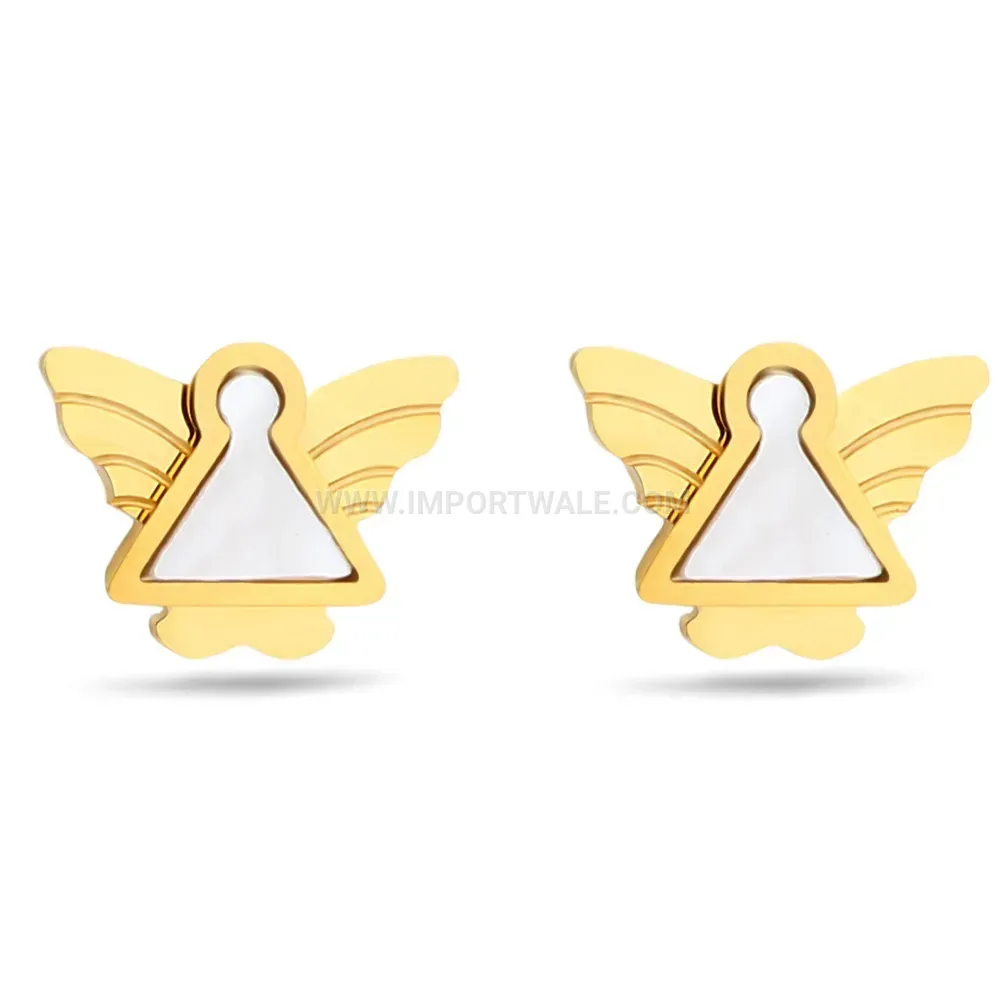 Gold Plated Stainless Steel Angel Stud Earrings with Shell Inlay