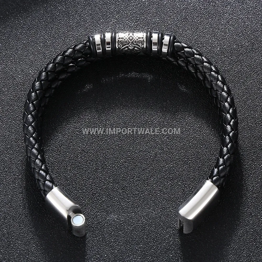Woven Leather Bracelet with Stainless Steel Hardware