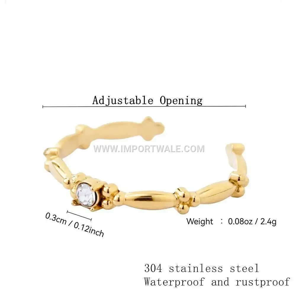 Geometric Bamboo Accent Zircon Stainless Steel Open Ring