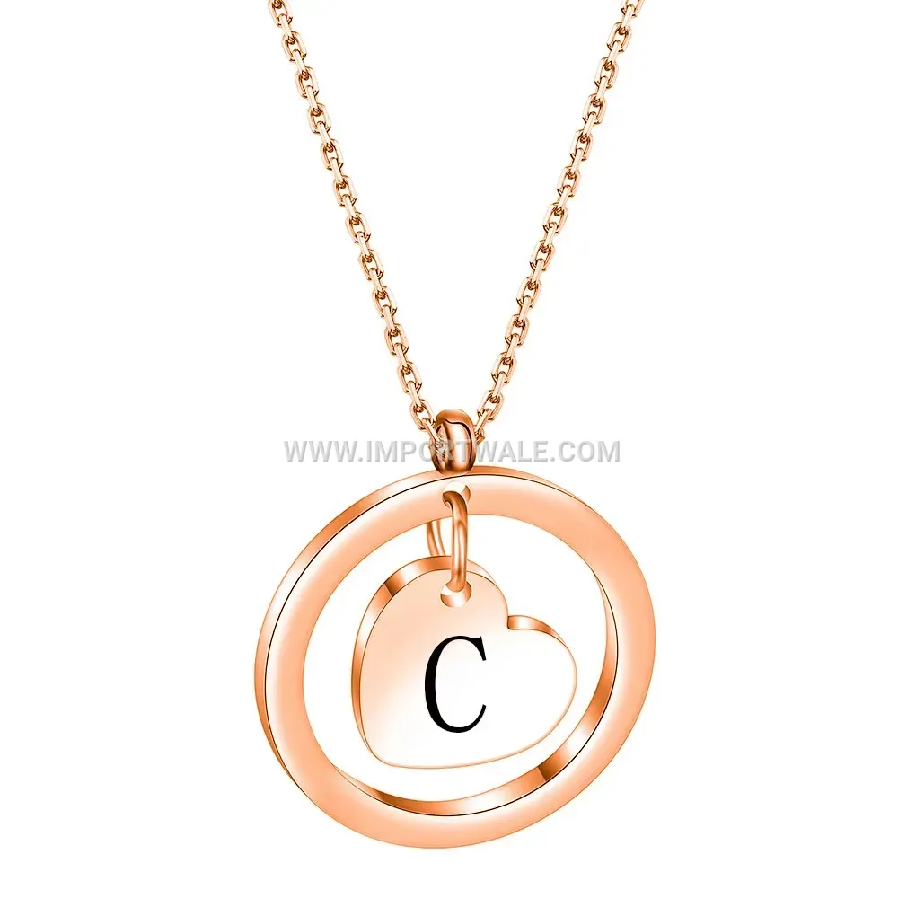 Cutout Initial Disc Pendant Necklace in Rose Gold Tone Stainless Steel