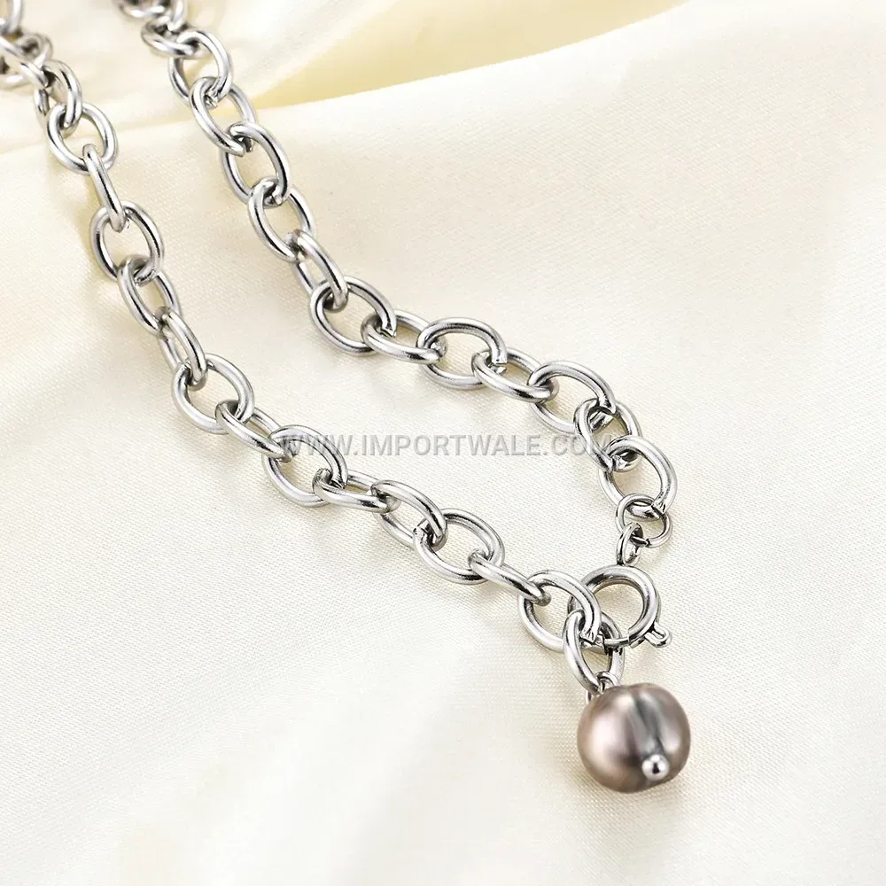 Vintage Black Pearl Pendant Stainless Steel Chain Necklace