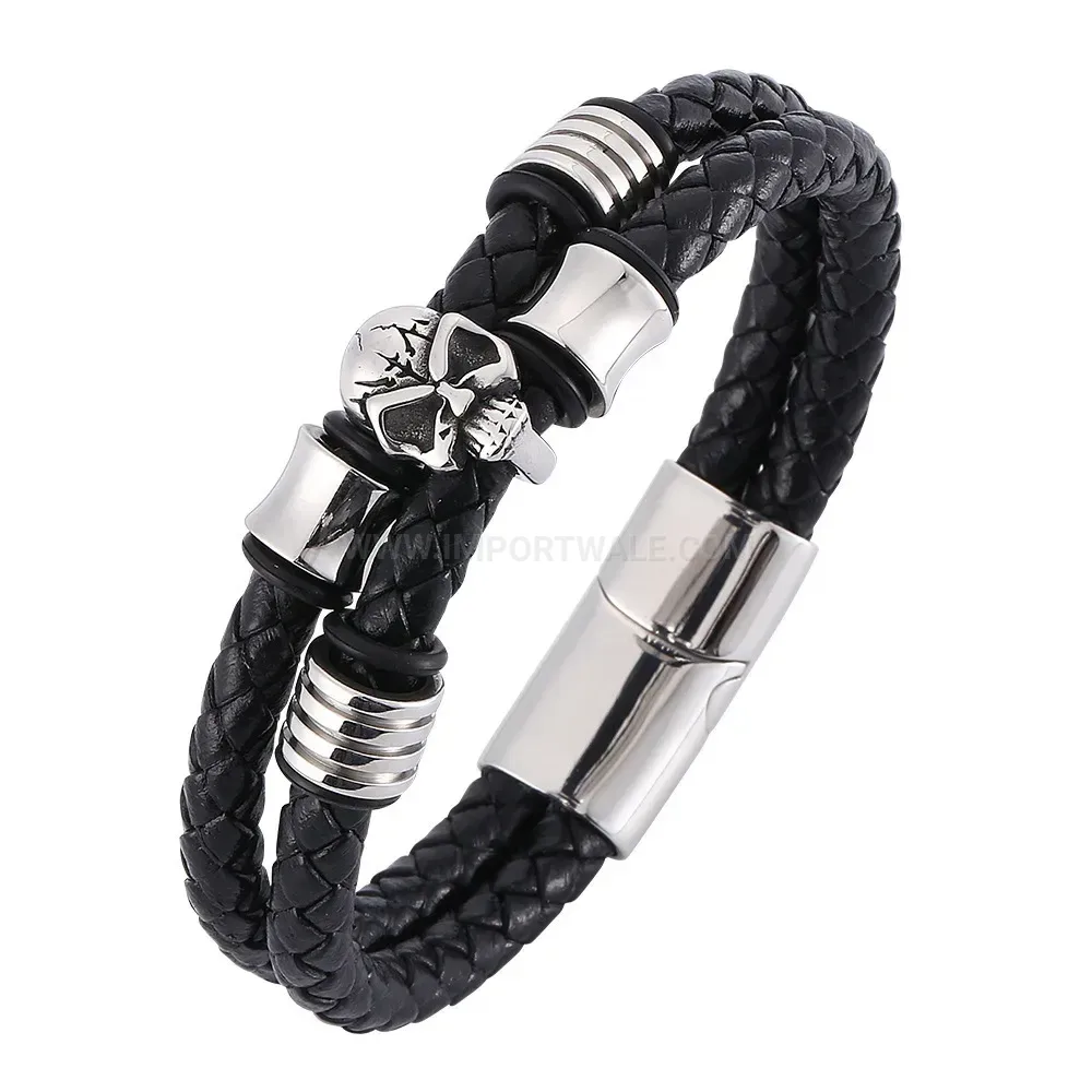 Bold Stainless Steel Skull Accent Braided Leather Bracelet with Magnetic Clasp