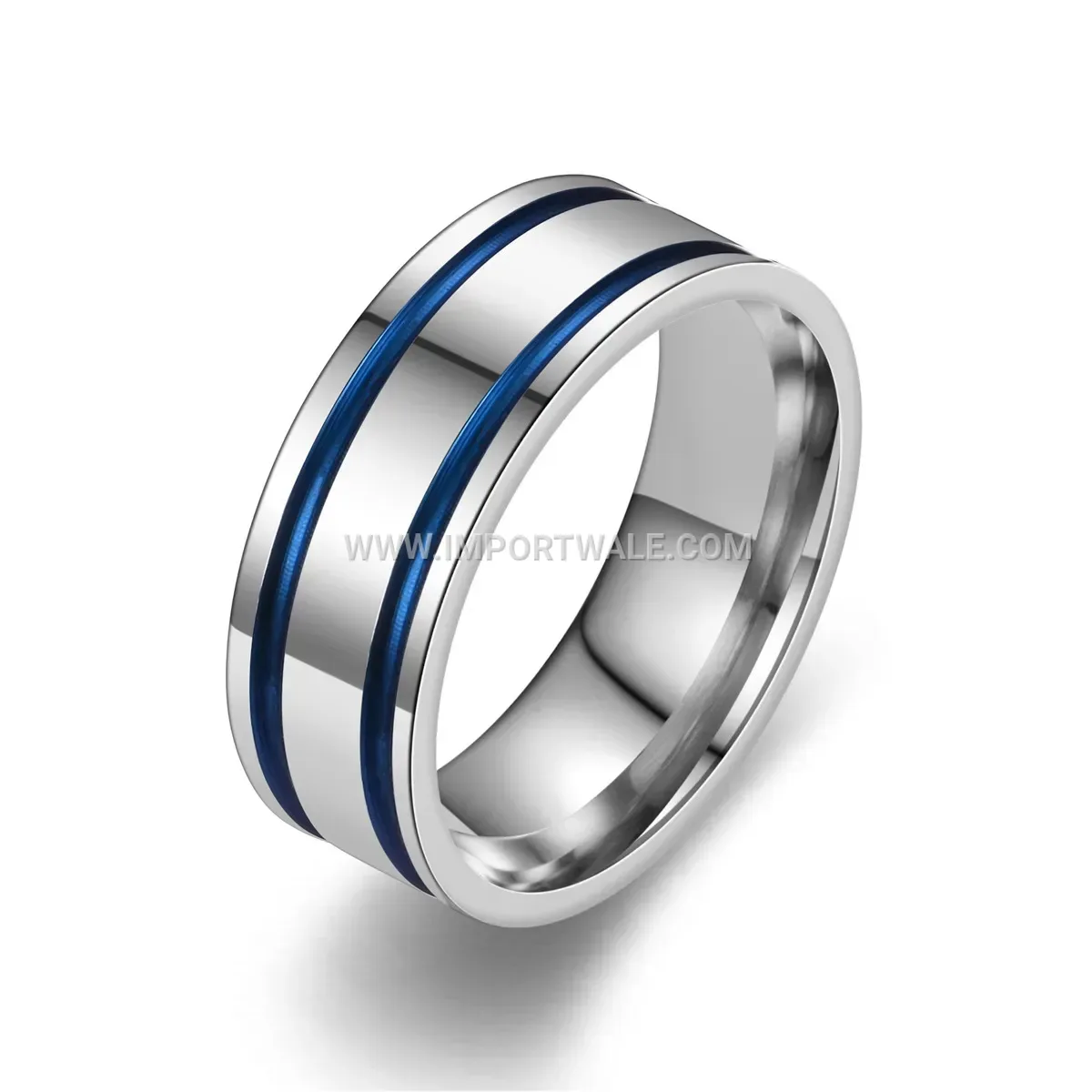 Blue Dual Line Inlay Stainless Steel Men Band Ring