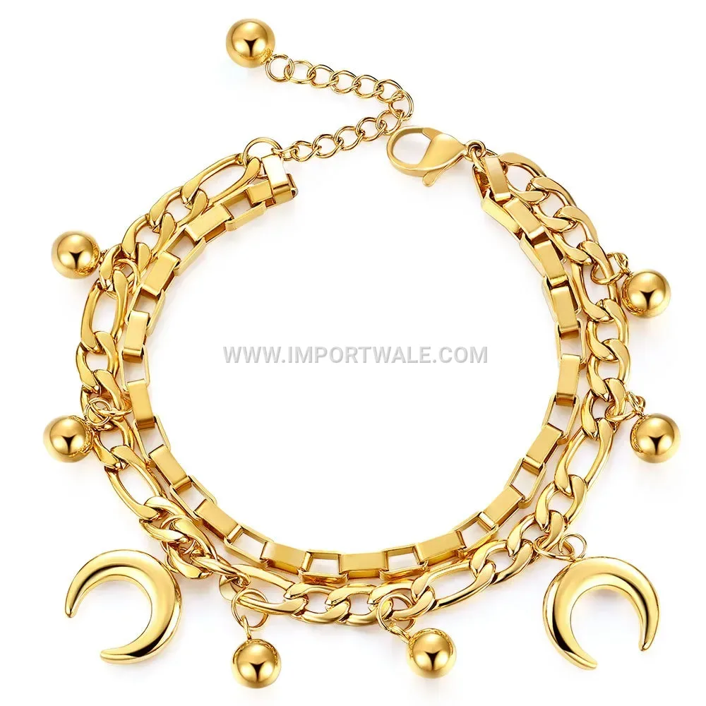 Double Layer Stainless Steel Cuban Chain Bracelet with Moon Charm