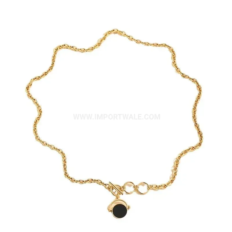 Bold Gold Plated Titanium Steel Rotating Circular Medallion Tassel Necklace