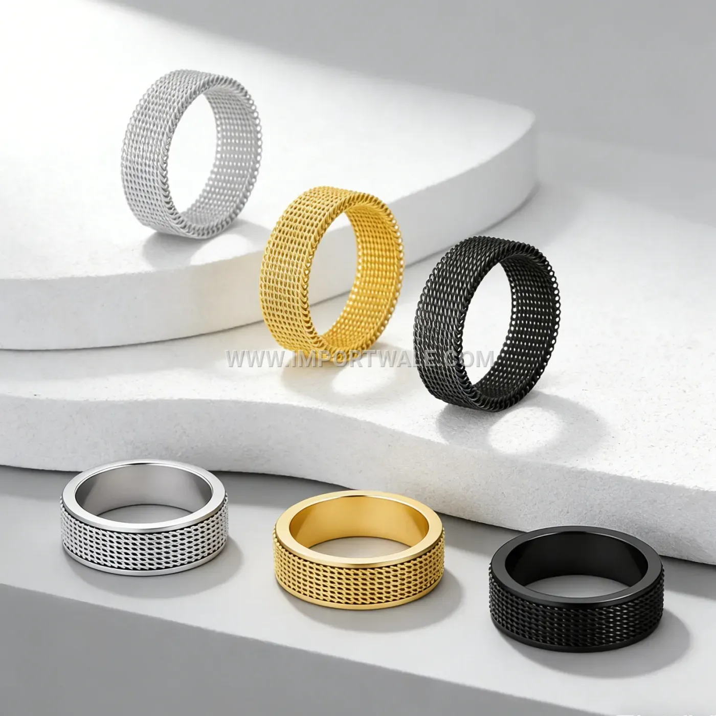 Gold Plated Stainless Steel Grid Pattern Spinner Ring
