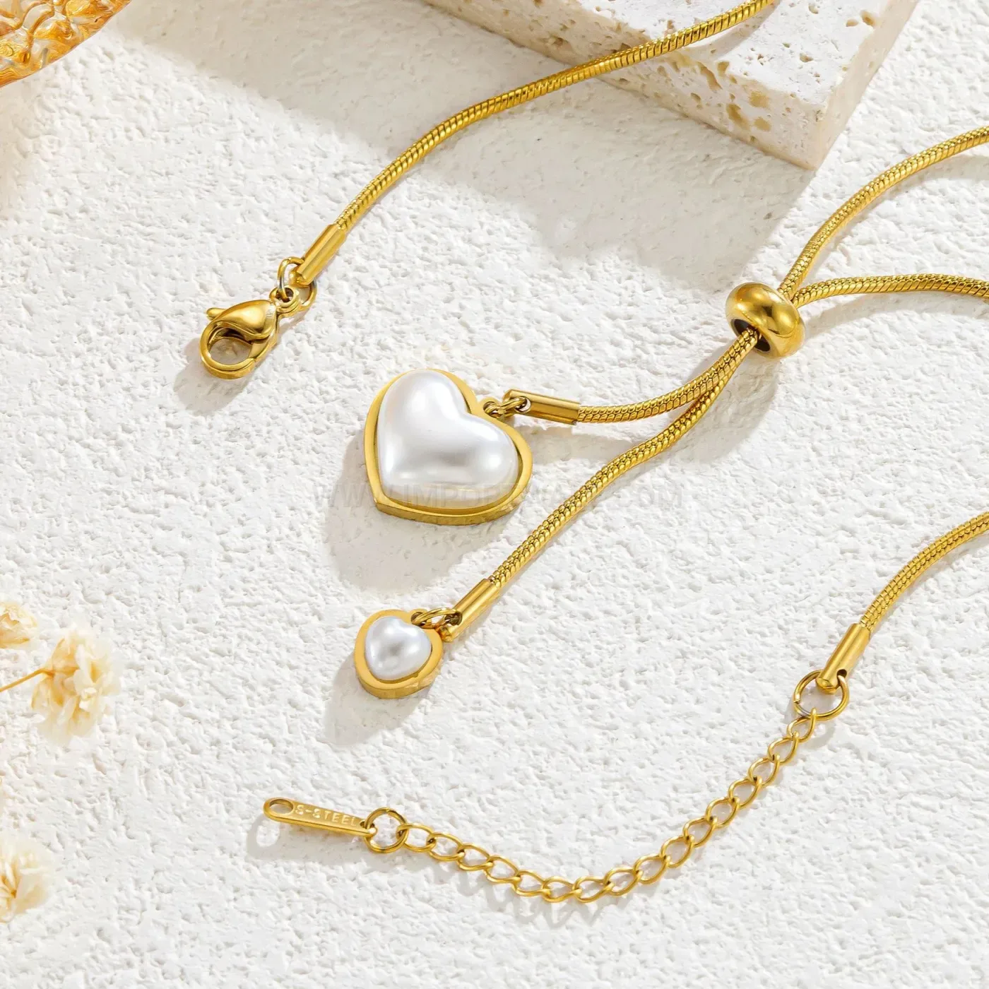 Chic Adjustable Double Heart Pearl Accent Stainless Steel Snake Chain Necklace