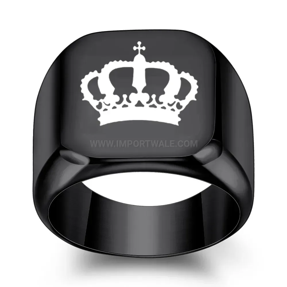 Trendy Crown Engraved Square Top Stainless Steel Signet Ring