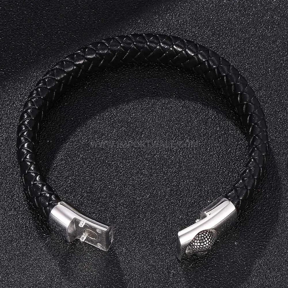 Modern Stainless Steel Buddha Head Braided Black Leather Men Bracelet
