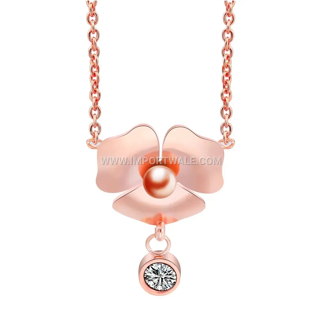 Rose Gold Stainless Steel Daisy Pendant Necklace with Crystal