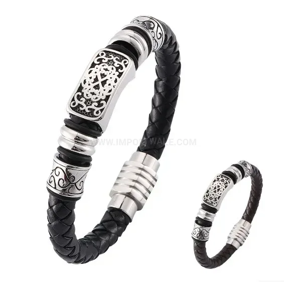 Patterned Braided Leather Magnetic Cuff with Stainless Steel Details