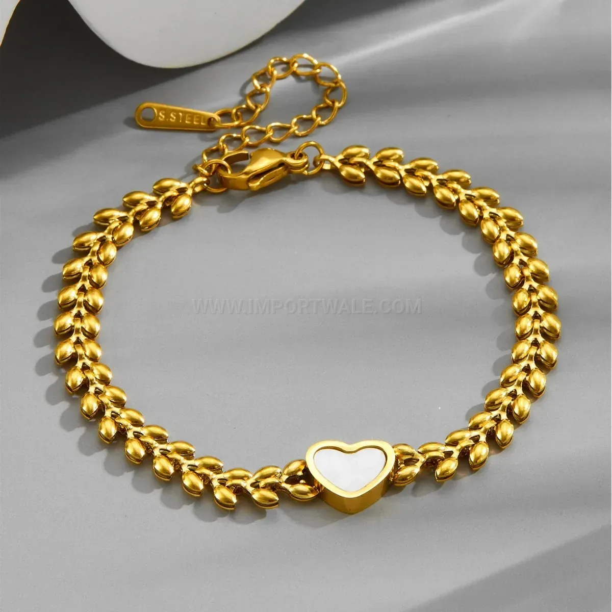 Gold Plated Titanium Steel Wheat Chain Heart Bracelet