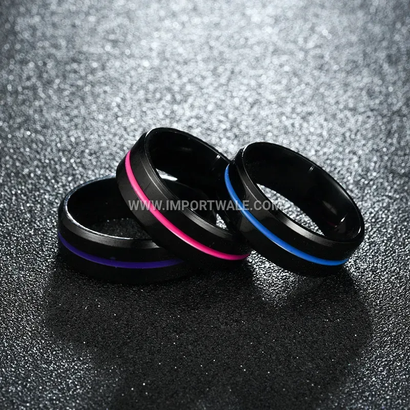 Enamel Accent Stainless Steel Beveled Edge Band Ring