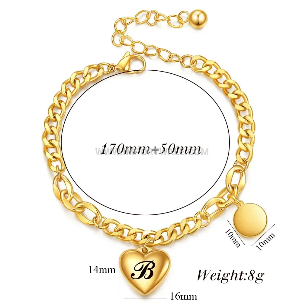 Stainless Steel Initial Letter Charm Bracelet with Heart Disc