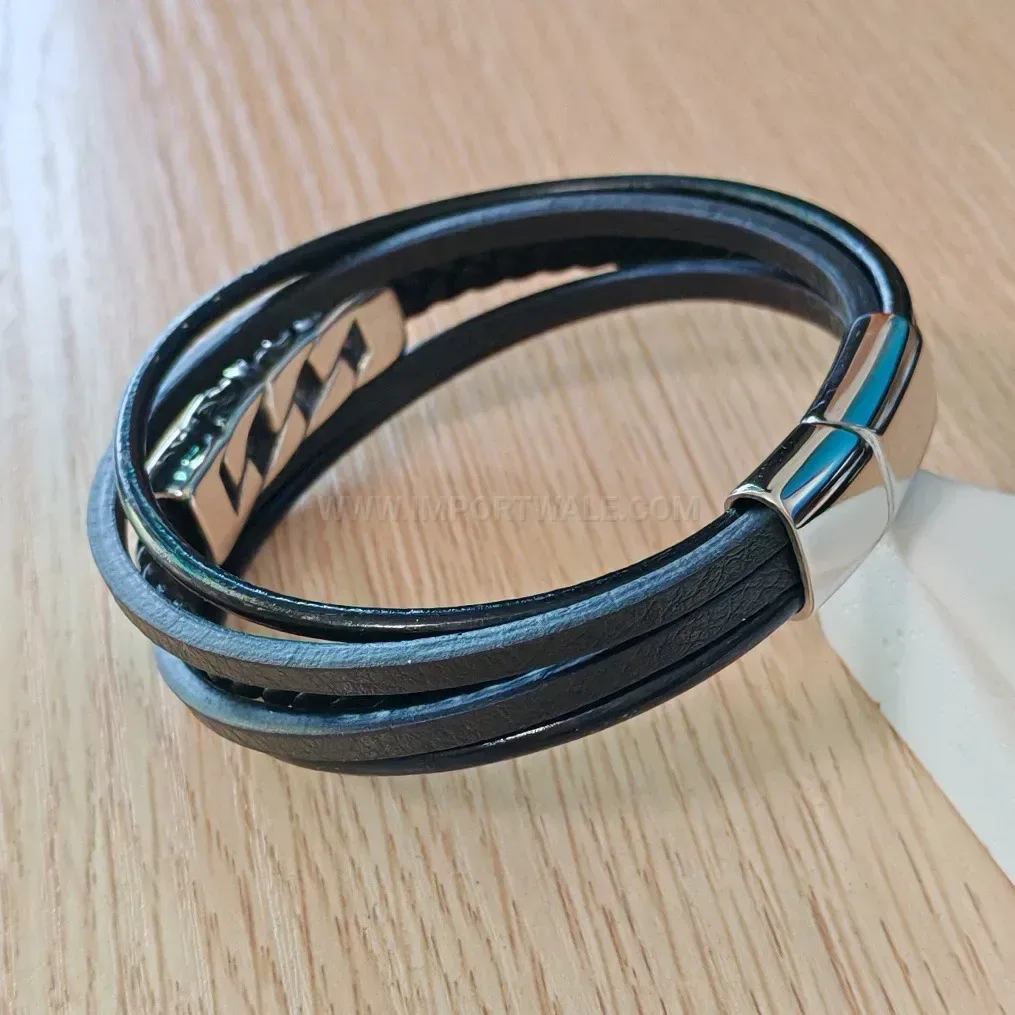 Braided Leather Multi-Layer Stainless Steel Punk Bracelet for Men