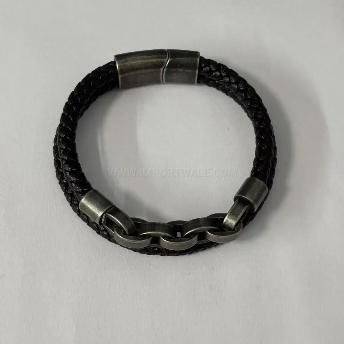 Distressed Steel Chain and Microfiber Leather Men's Bracelet