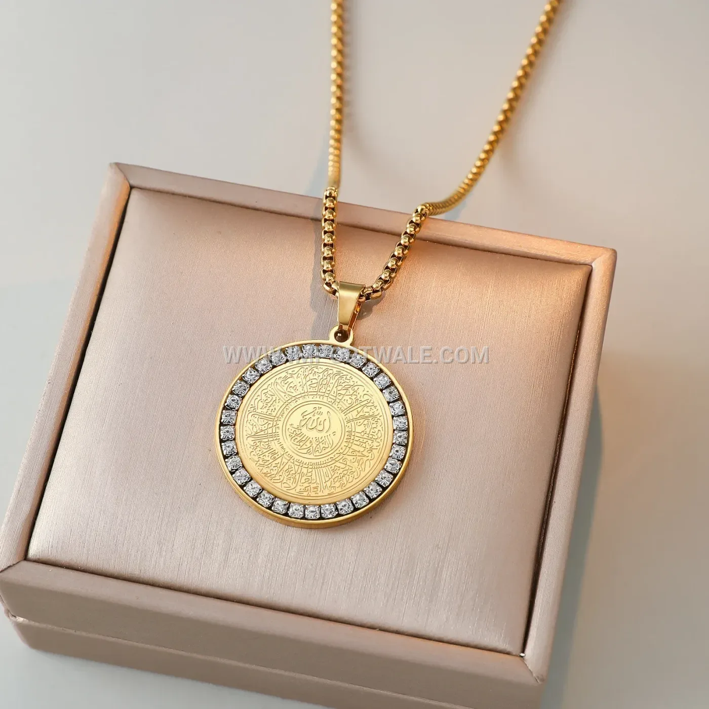 Gold Plated Stainless Steel Allah Pendant Necklace With Zircon Accent