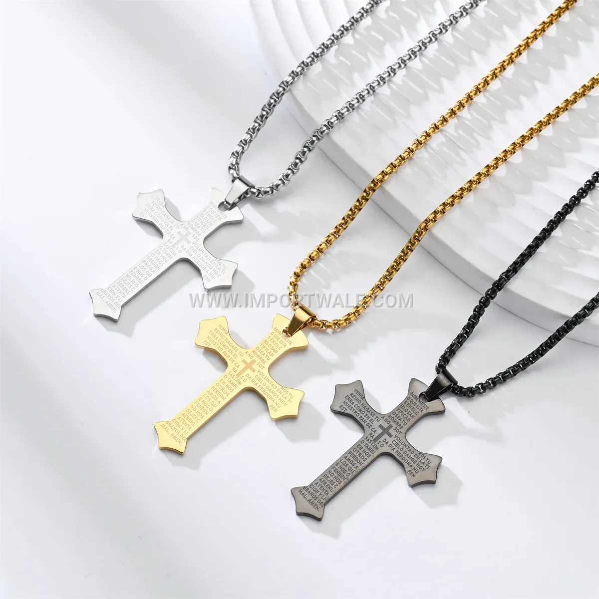 Stainless Steel Hip-Hop Crystal Cross Pendant Link Necklace