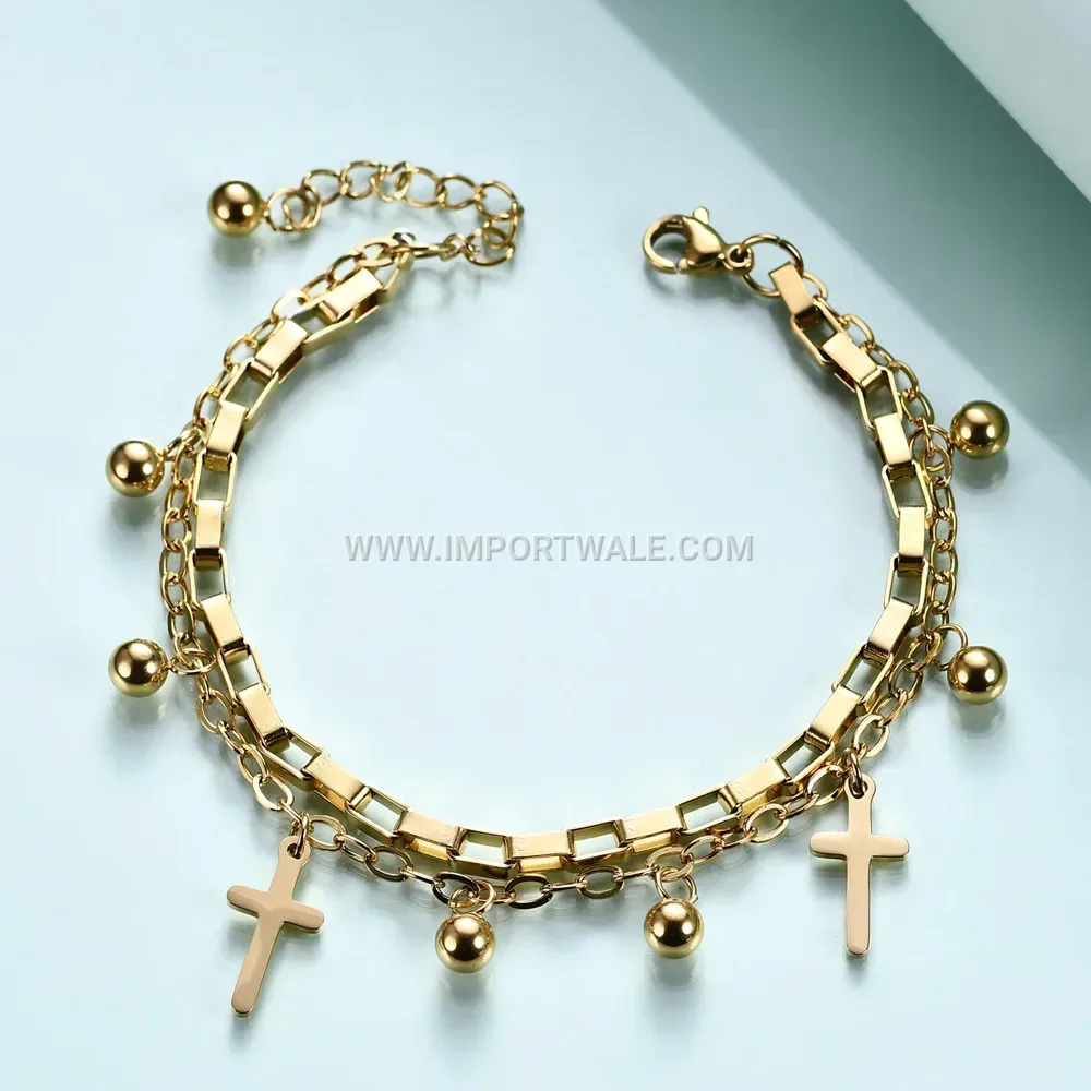 Double Layer Stainless Steel Bead and Cross Charm Chain Bracelet