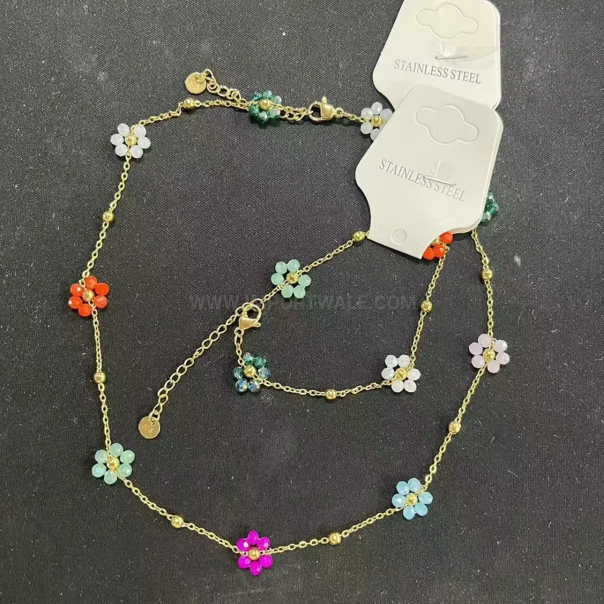 Floral Crystal Stainless Steel Chain Link Bracelet