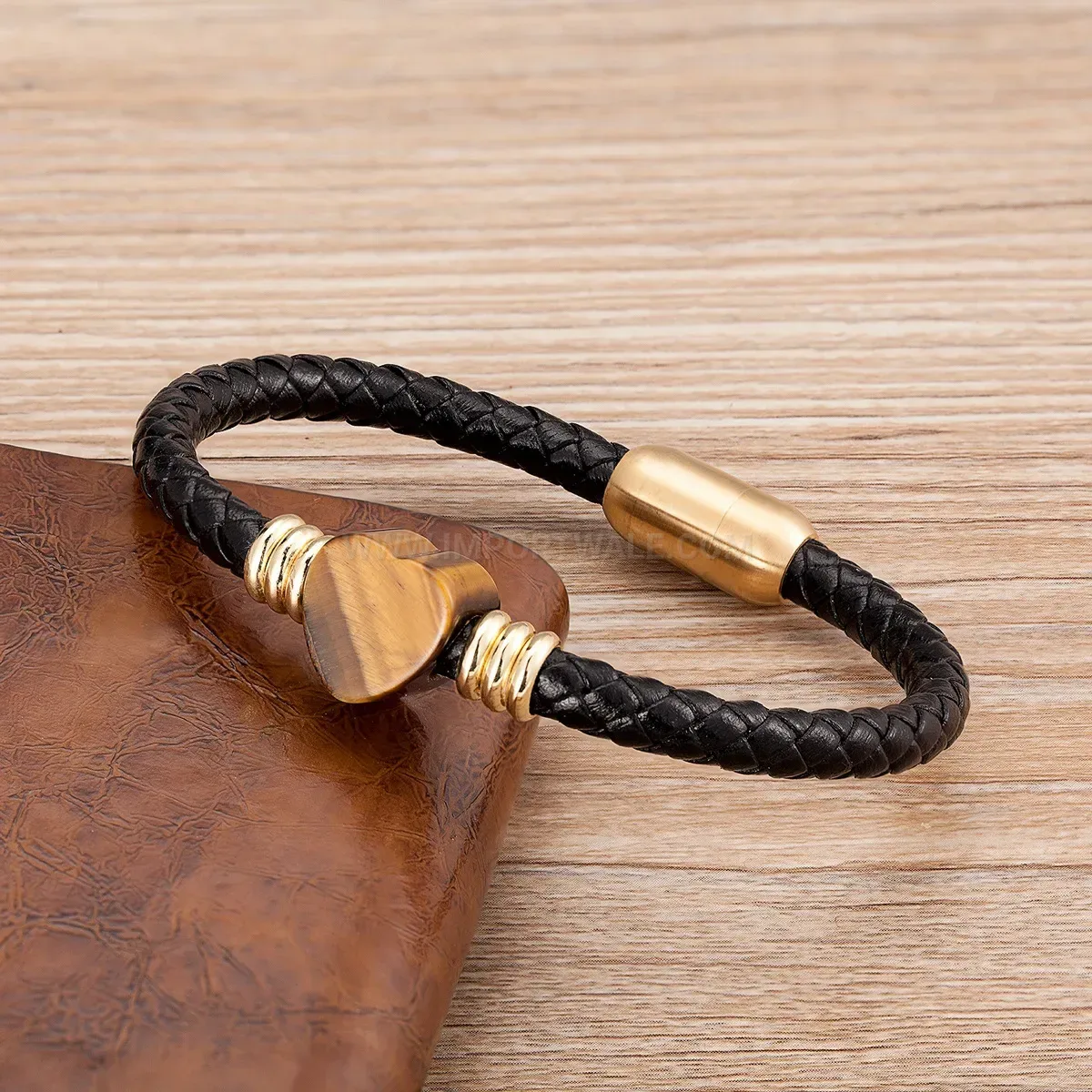 Heart Accent Leather Stone Bracelet with Stainless Steel Magnetic Clasp