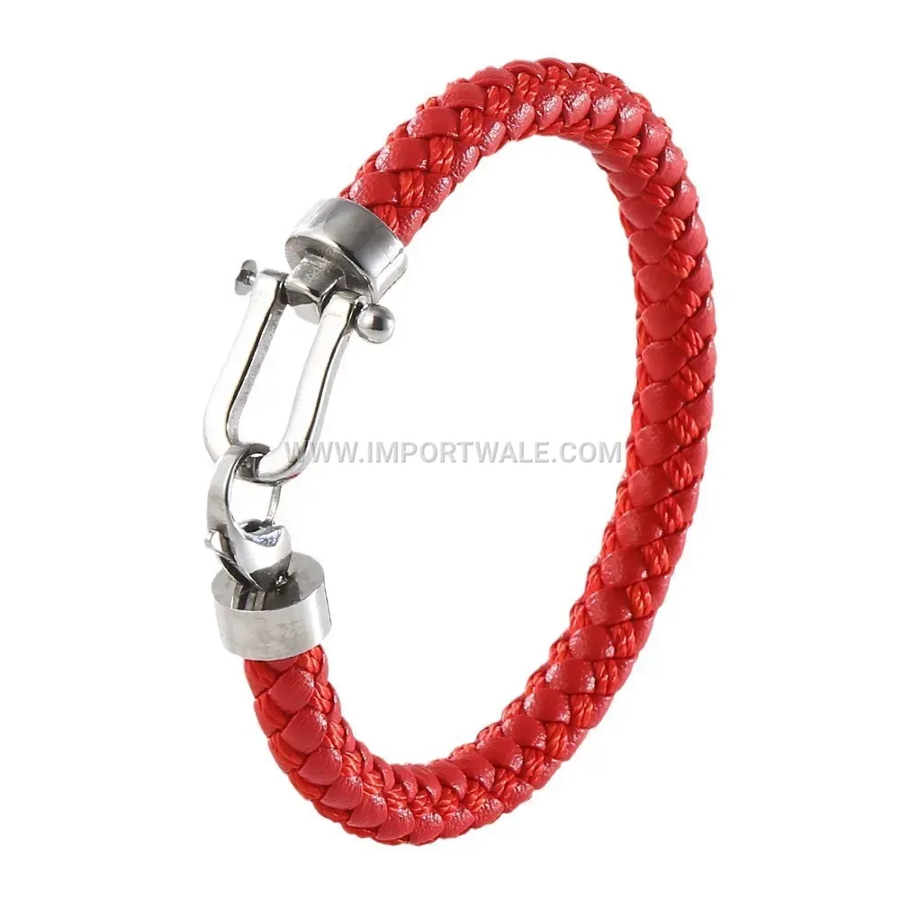 Vintage Stainless Steel Horseshoe Buckle Leather Cord Wristband