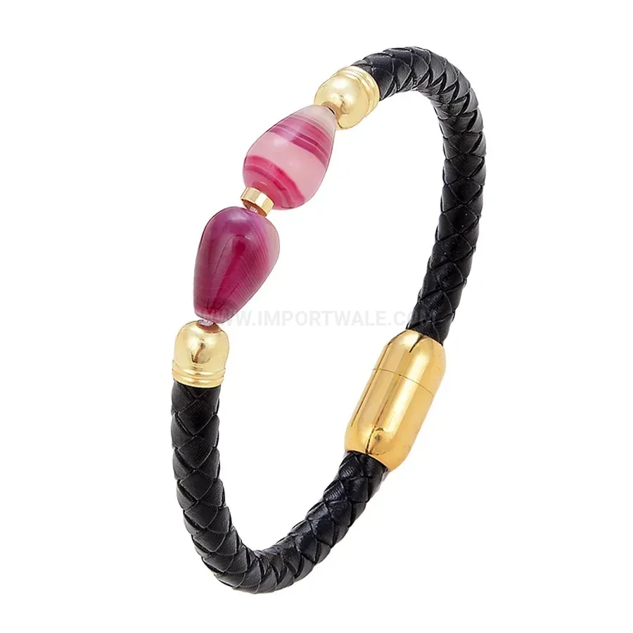 Retro Leather Stone Bracelet with Stainless Steel Magnetic Clasp