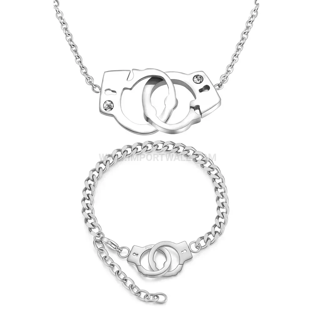 Interlocking Handcuff Stainless Steel Chain Necklace and Bracelet Set