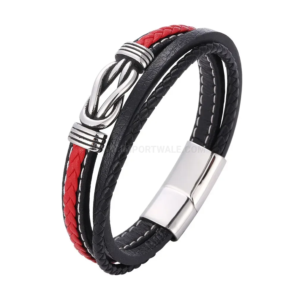 Braided Dual-Tone Leather Bracelet with Stainless Steel Magnetic Clasp