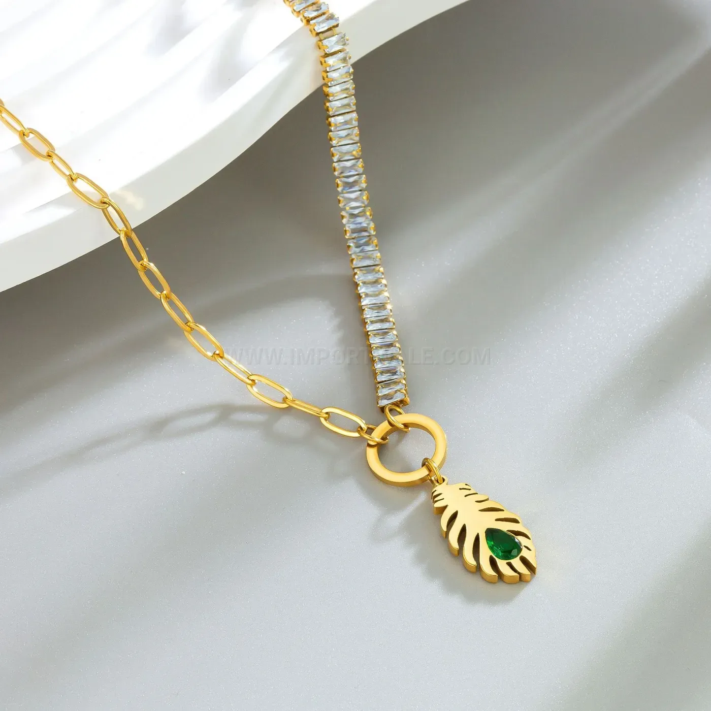 Trendy Gold Plated Feather Pendant Necklace with Green Crystal Accent