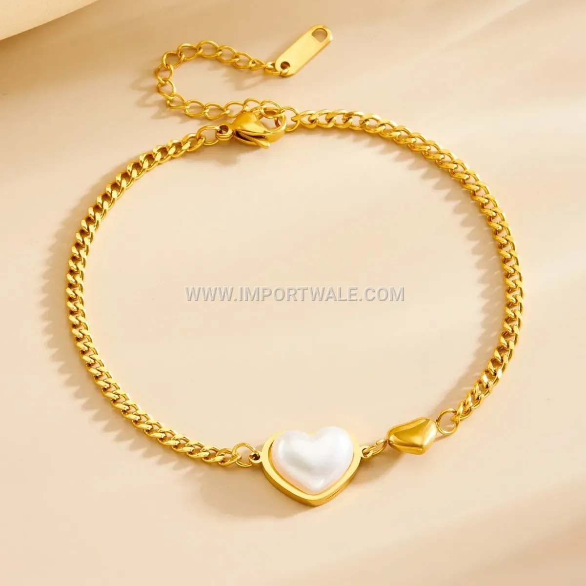 Pearl Heart Charm Stainless Steel Gold Plated Premium Anklet