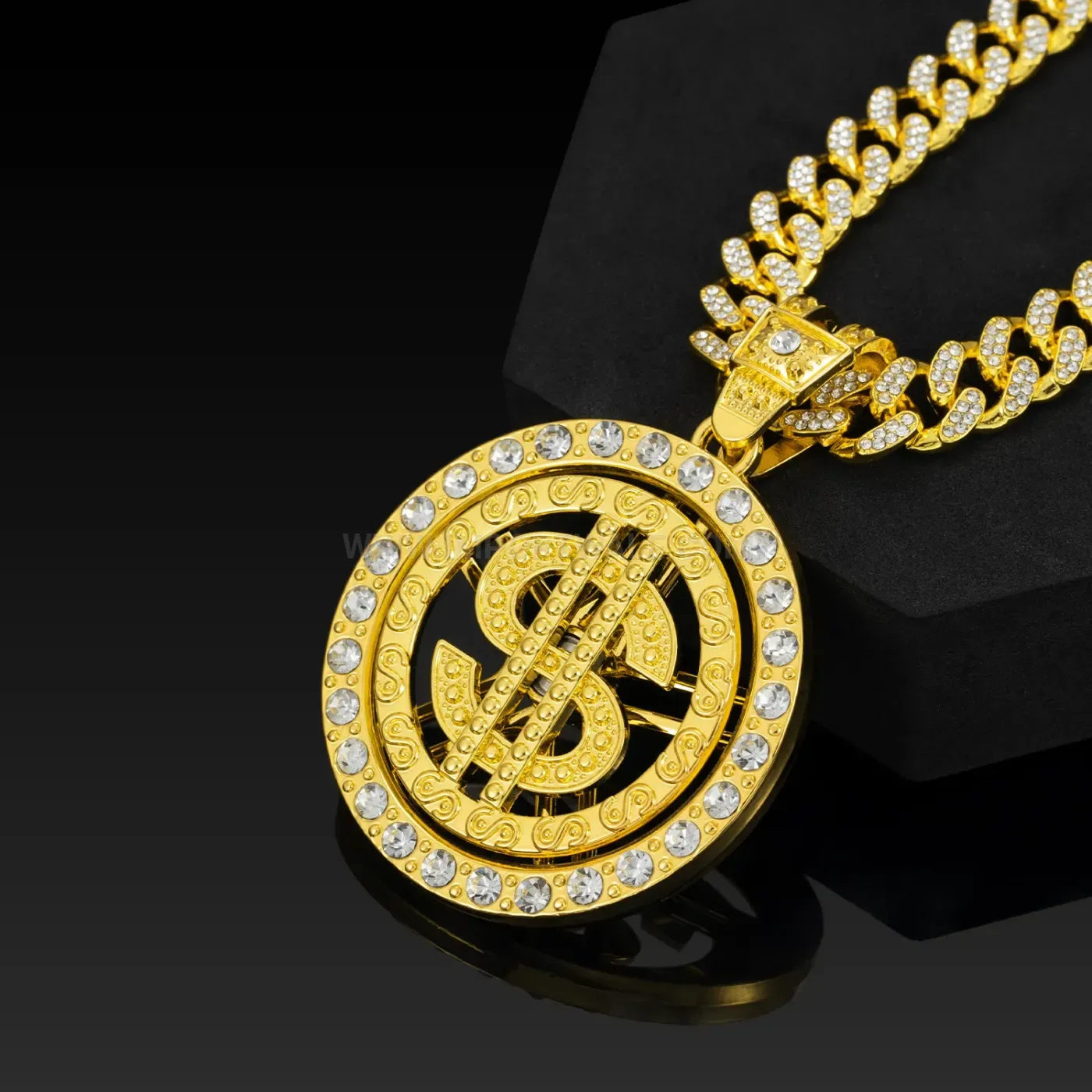 Rotating US Dollar Sign Alloy Pendant Cuban Necklace