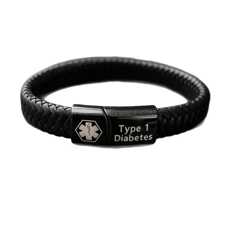 Designer Engraved Stainless Steel Medical Alert Microfiber Leather Bracelet